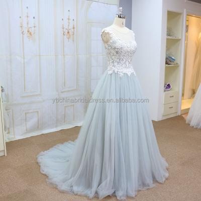 China Anti-Static Sexy Gray Blue Tulle With Modern Pattern Lace Cheap Wedding Dress for sale