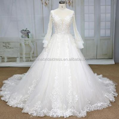 China Anti-Static Tulle Long Sleeves With Taiwan Lace Beading A Line Skirt Wedding Dresses For Bride 2019 for sale