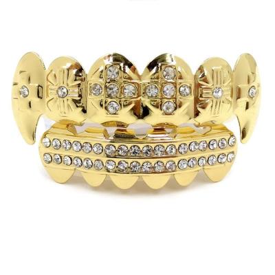 China Gold Plated Teeth Grillz CZ Diamond Top and Bottom Set of Hiphop 18K Hip Hop Grillz with Extra Molding Bars for sale