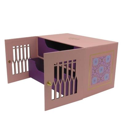 China Chinese style handmade custom printing design laser cut window mooncake double door gift packaging box luxury for sale