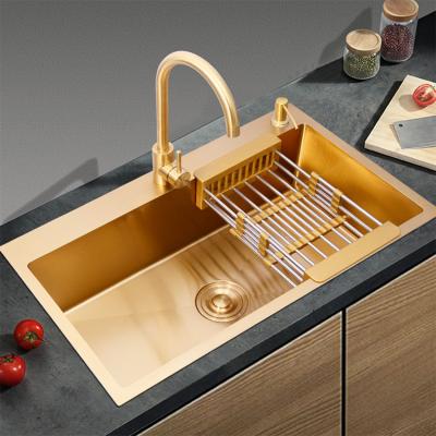 China With Faucet Kitchen Sink Gold Single Bowl Undermount Stainless Steel Nano Kitchen Sinks for sale