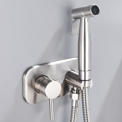 China With Slide Bar Stainless Steel Sprayer Faucet Hot And Cold Spray Bidet Valve Mixer Brushed Strong Water Pressure Toilet Nickel Nickel Set for sale