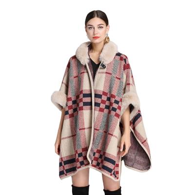 China Wholesale striped cashmere striped poncho with rex rabbit fur trim women winter fashion fur shawl wraps hats for sale