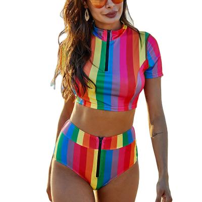 China 2021 New Women's Breathable Swimsuit Multicolor Stripe Slit Swimsuit for sale