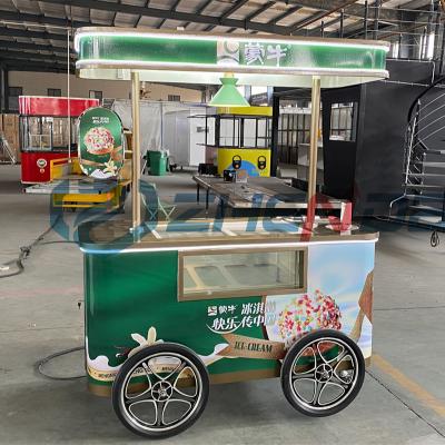 China Easy To Operate Customized Logo Green Color Ice Cream Rickshaw Mobile Snacks Fast Food Hand Trailer On Wheels With Freezer for sale