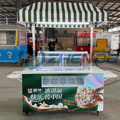 China Easy To Use Custom Rickshaw Mobile Ice Cream Snack Trolley Fast Food Hand Trailer Pulley With Freezer And Canopy for sale