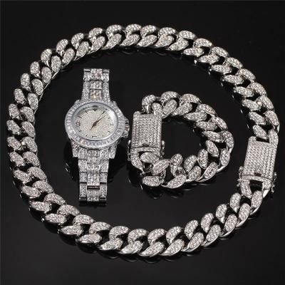 China 2021 Hiphop Cuban Chain Necklace Bracelet Watch Jewelry Set Iced Out Hip Hop Jewelry For Men for sale