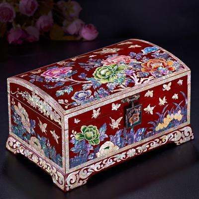 China Retro Luxury Wooden Princess Jewelry Storage Box Handmade Inlaid Jewelry Box Lacquer Wedding Gift for sale