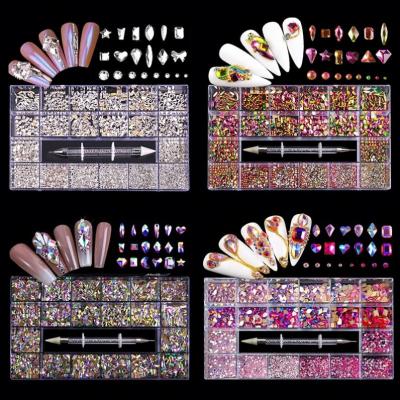 China Decorate White Crystal Nail Art Mix Shape Fancy Shaped Rainbow Nail AB In Glass Rhinestone Box Flat Bottom Nail Art Decoration Rhinestones for sale