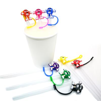 China Contemporary Custom Wholesale Straw Toppers M&M Chocolate Cartoon Silicone Straw Covers Reusable Splash Proof Drinking Straw Airtight Charms for sale