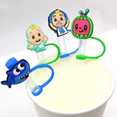 China Custom Wholesale Custom Reusable Airtight Drinking Straw Cover Dust Splash Proof Straw Tips Cocomelon Cartoon Silicone Straw Toppers for sale