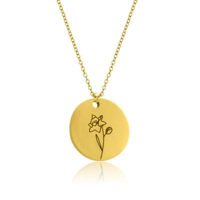 China FASHIONABLE Fast Delivery Birth Flower Jewelry Stainless Steel 18K Gold Plating Laser Print Circle Birthday Flowers Necklace for sale