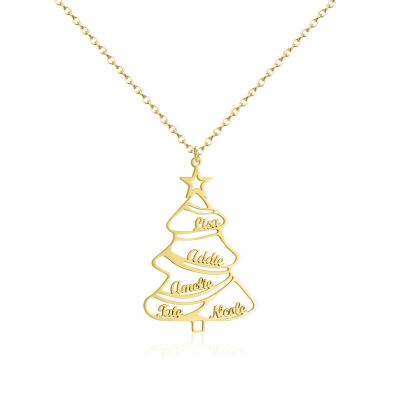 China Sale Christmas Gift Jewelry Stainless Steel 18k Gold Plating Christmas Tree Family Name Necklace TRENDY Custom Made for sale