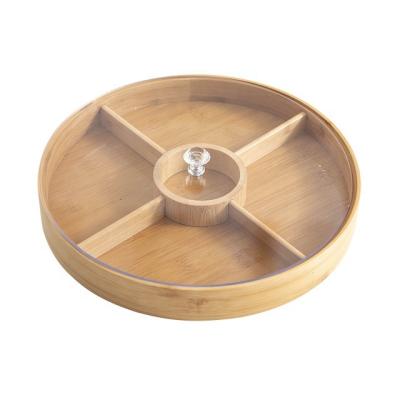 China 4 Compartments Sustainable Round Cheap Dry Bamboo Wooden Snack Divider Tray Fruit Serving Dishes With Acrylic Cover for sale