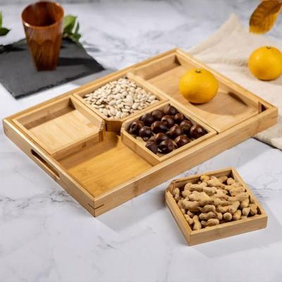 China Sustainable Bamboo Dry Wooden Snack Tray Divider Tray Serving Fruit Dishes Set for sale