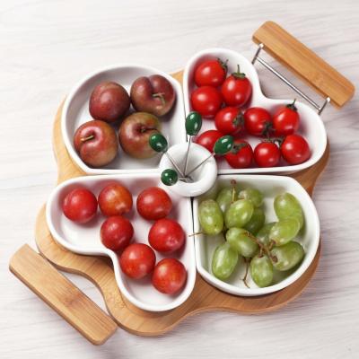 China Sustainable Ceramic Fruit Tray Divided Snack Dried Fruit Candy Trays With Ceramic Bowls Dishes With Bamboo Rack for sale