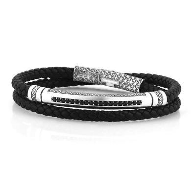 China Low MOQ Fashionable Mens Stainless Steel Single Double Layer Braided Leather Bracelet Custom for sale