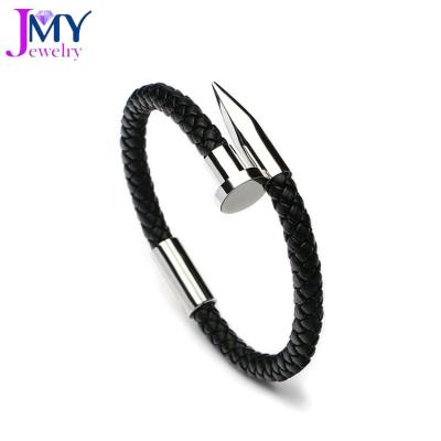 China Handmade Stainless Steel Jewelry Gold Nail Bracelet 316l Stainless Steel Charm Men Braided Leather Bracelet for sale