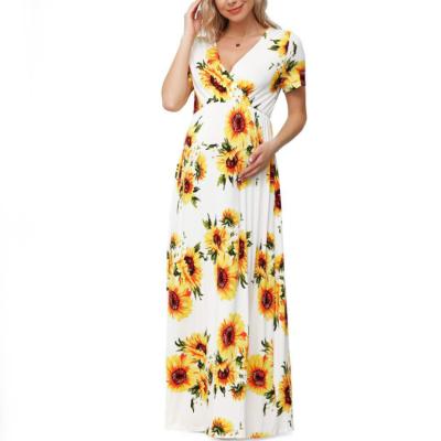 China Anti-Wrinkle V-Neckline Short Sleeve Clothing Floral Print Maternity Dress For Baby Shower Pregnancy Clothes Summer Plus Size Women's Dresses for sale