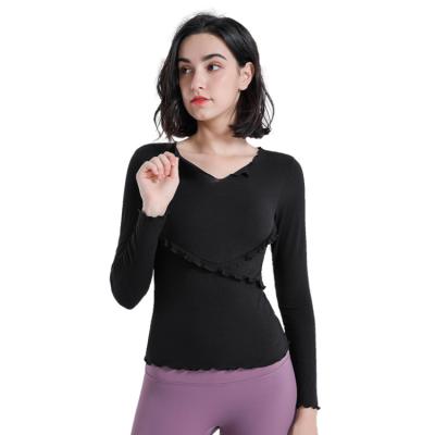 China Breathable Women's Long Sleeve V-Neck Sports T-Shirts Top Lace Gym Yoga Wear Tops Fitness Plus Size for sale