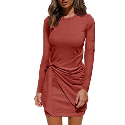 China Anti-wrinkle Made in China New Plus Size Dress Pleated Autumn Women Short Ladies Long Sleeve Round Neck Dress for sale