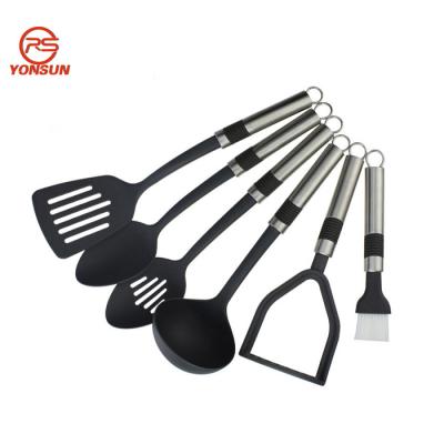 China 6 Piece Kitchenware Kitchen Stocked Nylon Utensil Set Black Cooking Instruments Turner Soup Ladle Spoon Spaghetti Tools With Stainless Steel for sale