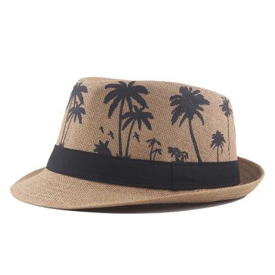 China Fashion Character Coconut Tree Printed Summer Panama Anti-UV Jazz Cap Custom Logo Beach Fedora Straw Hat for sale