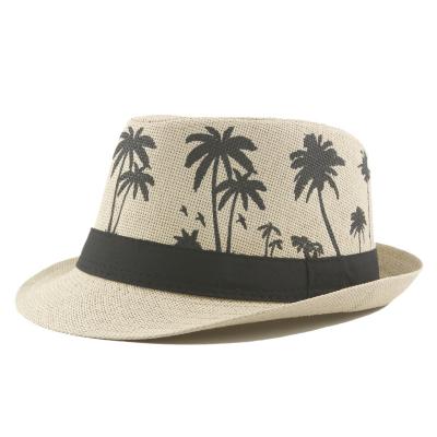 China Fashion Character Coconut Tree Printed Summer Panama Anti-UV Jazz Cap Custom Logo Beach Fedora Straw Hat for sale