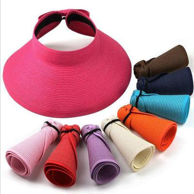 China Hot Fashion Character Straw Hats Women Uv Protection Wide Brim Straw Beach Hats Foldable Roll Up Bow Sun Visor Hat for sale