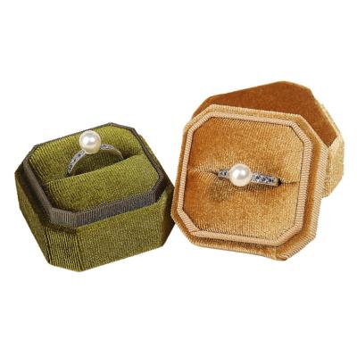 China Custom Luxury Cream Blue Octagonal Double Octagonal Double Velvet Mini Engagement Gold Velvet OEM Vintage Ring Box Simple Ring Box for sale