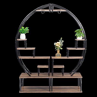 China Contemporary Indoor 2 Tier Tall Plant Rack 5 Pcs Steel Wood Wooden Plant Rack With Hanger Outdoor Curved Modern Flower Pot Rack Plant Shelf for sale