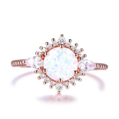 China 6.5mm round FASHION Tiara Curve Diamond Wedding Band 14k Rose Gold Opal Engagement Ring Trio Bridal sets for sale