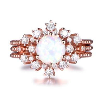 China 6.5mm round FASHION Tiara Curve Diamond Wedding Band 14k Rose Gold Opal Engagement Ring Trio Bridal sets for sale