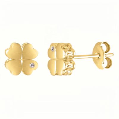 China Fashion Simple Romantic Diamond Accent Four Leaf Clover 14K Yellow Gold Stud Earrings for sale