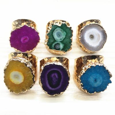 China Vintage Vintage Style Opening Design Gold Plated Dyed Druzy Crystal Stone Agate Sunflower Cluster Ring For Gift for sale