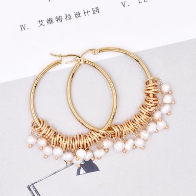 China Newest CLASSIQUE French Style Elegance Stainless Steel Dangle Pearl Big Circle Earring For Women for sale