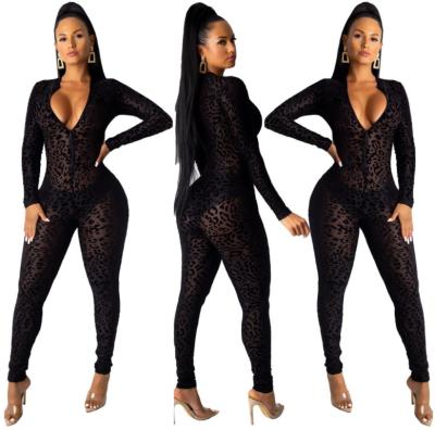 China Wholesale fashion anti-pilling sexy gauze flocking leopard print long sleeve perspective boutique clothing women jumpsuit for sale