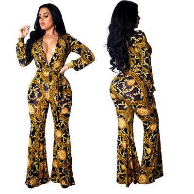 China New Arrival Anti-Static Wholesale Women's Clothing Sexy V Neck Gold Flower Printed Jumpsuit Rompers for sale