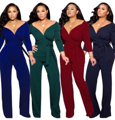 China Solid Color Anti-Static V-Neck Fashion Long Sleeve High Waisted Wide Leg Pants Overalls for sale