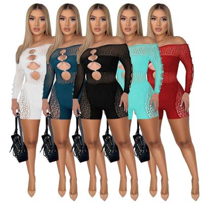 China QUICK DRY Hollow Out Long Sleeve Patchwork One Piece Shorts See Through Off Shoulder Sexy Bodycon Lace Mesh Jumpsuit Women for sale