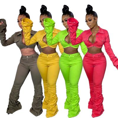 China Anti-pilling Europe America Pants Set Sexy Pleated Collar Crop Tops Jogger Two Piece Set for sale