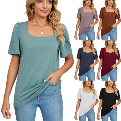 China Solid color summer spring anti-pilling short sleeve T-shirt square neck loose knitted women T-shirt for sale