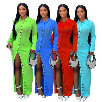 China Casual Slim Knitting Maxi Dress Fashion Solid Long Sleeve Anti-Wrinkle Dress Sweater Sexy Ribbed Split Dress For Female for sale