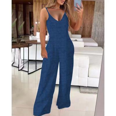 China Slim Fit V-Neck Backless Europe America Solid Color Denim Sling High Waist Jumpsuit Overalls for sale