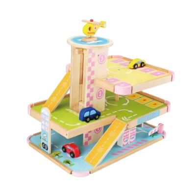 China Family Gift Kids Wooden Preschool Floor Building Wooden Toys Parking Wooden Car Toy Garage for sale