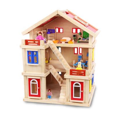 China Wood Kids DIY Wooden Dollhouse With Doll Furniture for sale