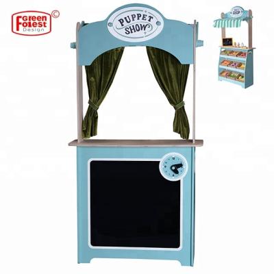 China Cloth 2 in 1 new wooden theater and store toys (puppet/food not included) for kids education puppet theater for sale