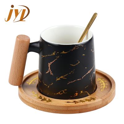 China Viable Wholesale Pattern Design Black White Ceramic Gold Marble Tea Coffee Mug With Spoon And Tray for sale