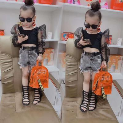 China QUICK DRY organza kids fashion summer sheer sleeves crop top toddler cute girl styles solid black 2-8T girl kids shirt for sale