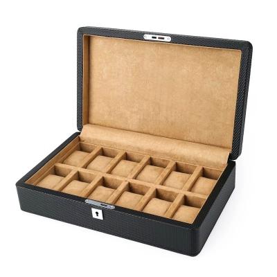 China Eco-friendly Custom 12 Grid Carbon Fiber Velvet OEM Watch Packing Box With Lock Luxury Watch Storage Case for sale